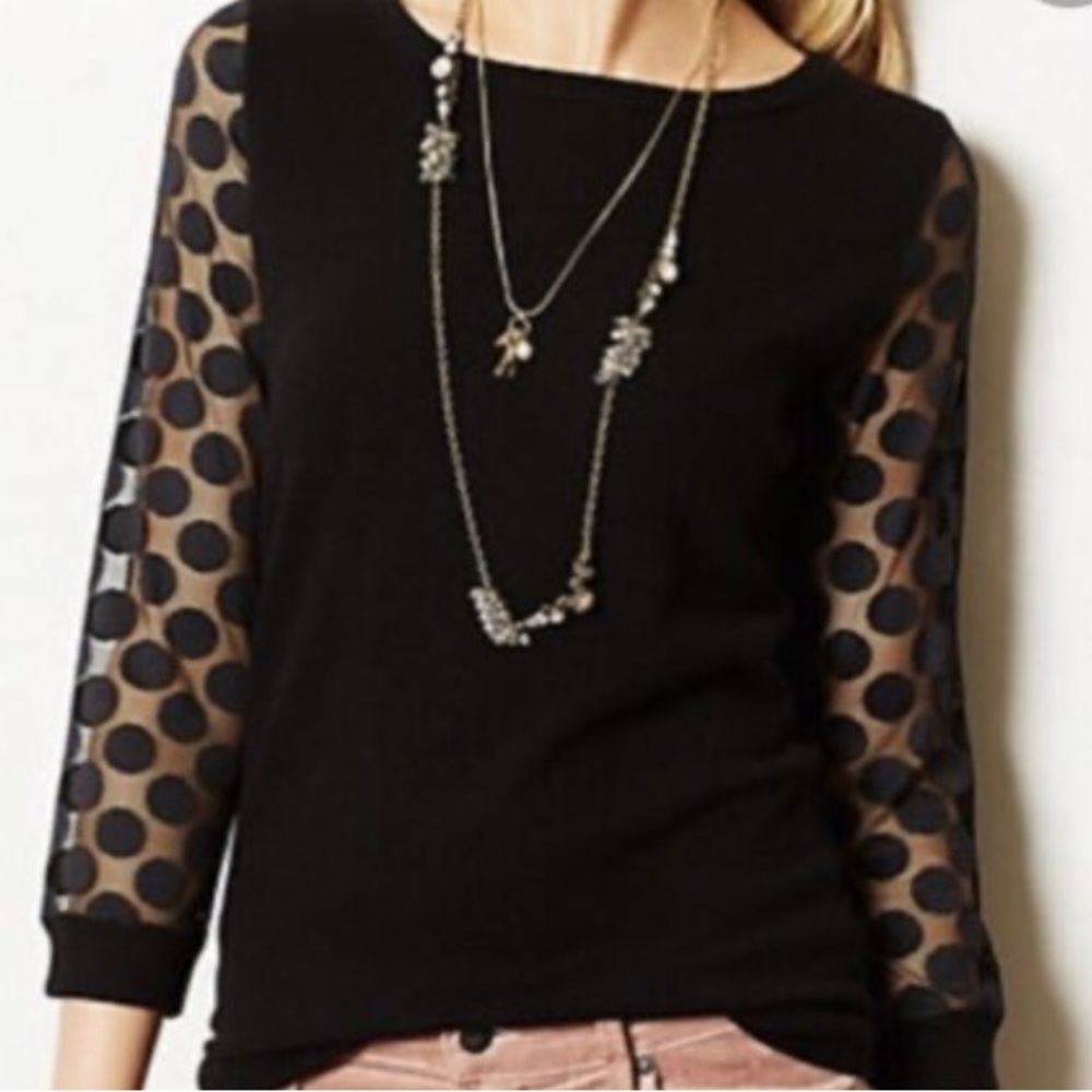 Anthropologie Black Crew Neck Sweater with Mesh Circle Print 3/4 Sleeves Size LG